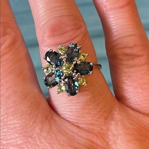 Sapphire and Peridot Flower Silver Ring